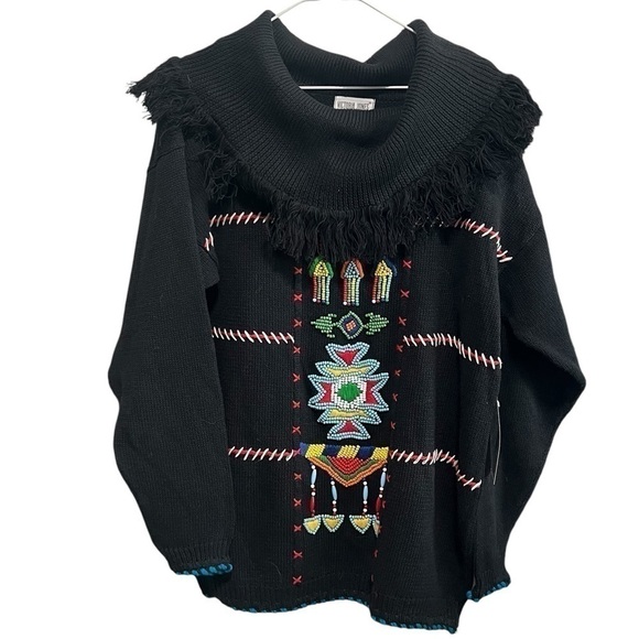 Vintage Victoria Jones Beaded Cowl Neck, Fringe Black Sweater, New with Tags - Picture 2 of 6